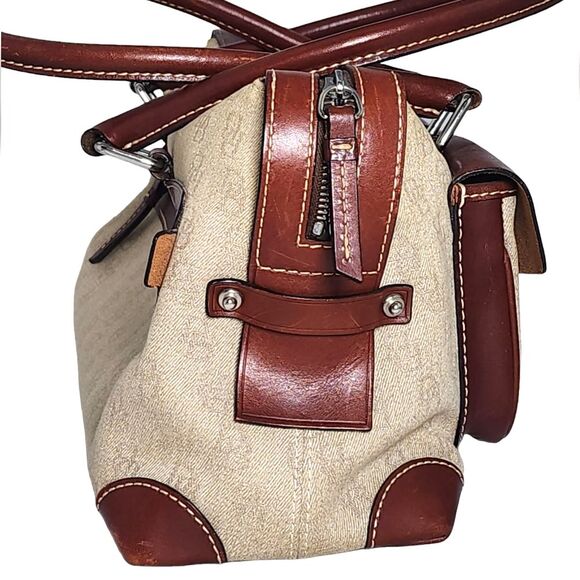 Vintage Dooney & Bourke Brown Leather & Tan Monogram Canvas Satchel 12.5"X7.5"X5 - Picture 4 of 14